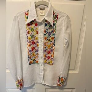 Vintage King James embroidered button up white womens shirt top blouse m medium